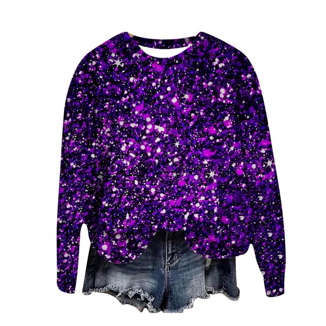 AYA Women's Sparkling Printed Long Sleeve Crewneck Sweatshirt For Party Events