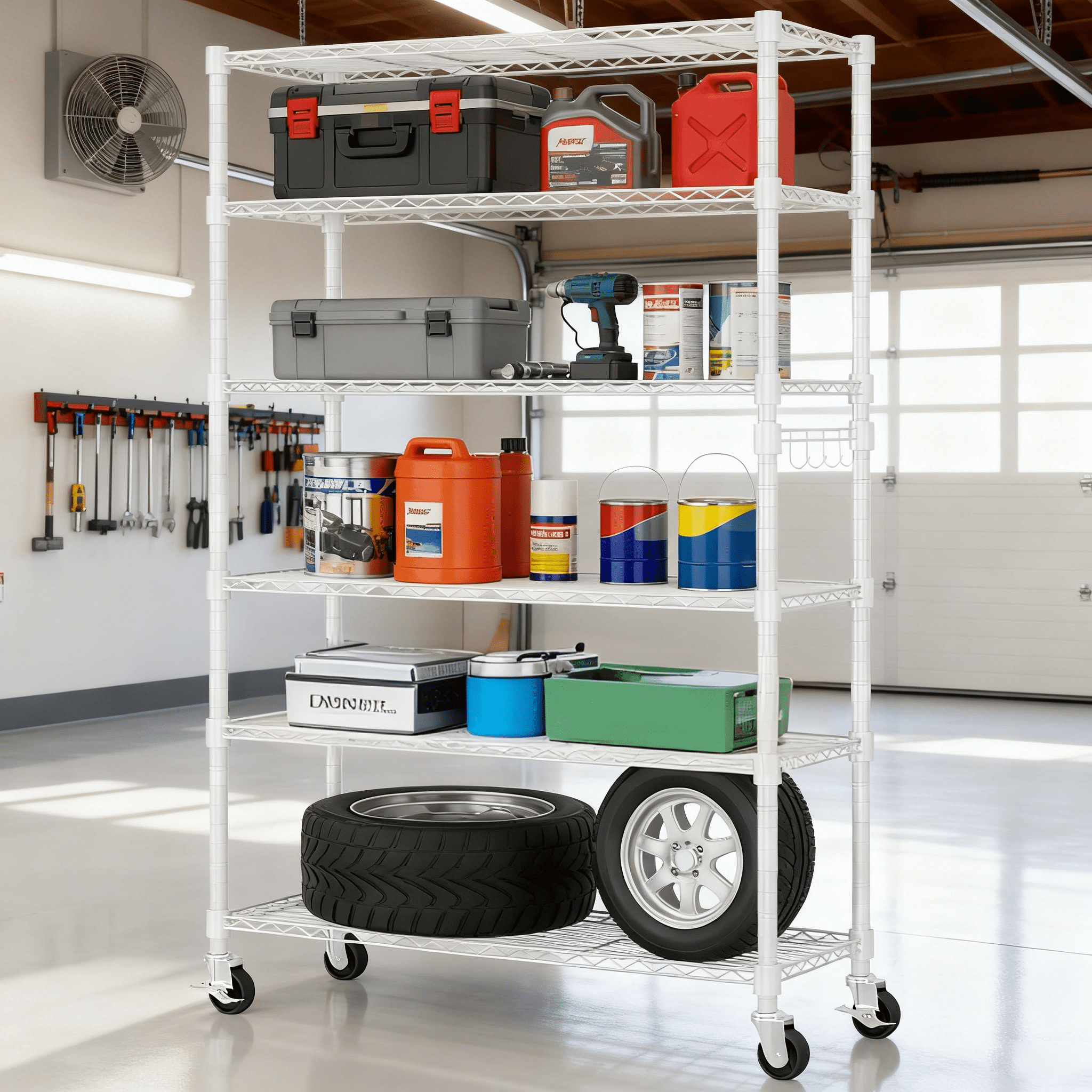 Ktaxon 6 Tier Wire Shelving with Wheels, 46"D x 18"W x 82"H Multifunctional Storage Rack Metal Garage Shelves Organizer, Capacity for 2400lbs, White