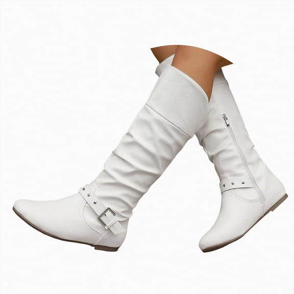 UngA Women Boots Chunky Low Heel Riding Booties Motorcycle Biker Round Toe Fashion Buckle Western Booties Trendy Stylish Mid Calf Boots Women White,Size 8.5