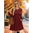 thumbnail image 5 of Long Sleeve Dress for Women Crew Neck Waist Tunic Dress with Pockets Wine Red M, 5 of 6