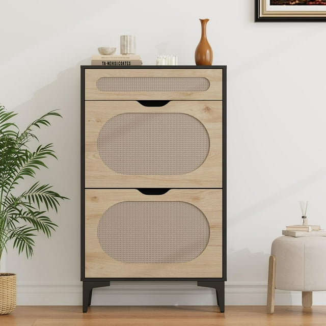 Rattan Shoe Cabinet with 2 Flip Drawers and 1 Pull-Out Drawer, Free Stand Shoe Storage Cabinet, 3 Adjustable Shelf, Narrow Shoe Cabinet for Entryway/Porch