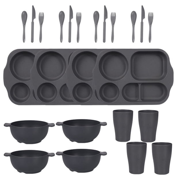 Nvzi 24Pcs Wheat Straw Dinnerware Cutlery Sets, Divided Plates Unbreakable Bowl Microwave Dishwasher Safe Tableware Cutlery -Grey