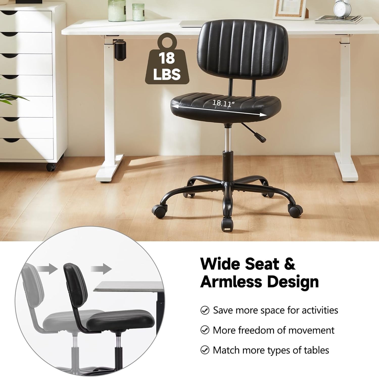 ENYLAY Small Armless Home Office Desk Chair, Ergonomic Cute Chair PU Leather with Adjustable Swivel Rolling Comfy Task Study Chair with Lumbar Support for Adult and Student, Bedroom (Black)