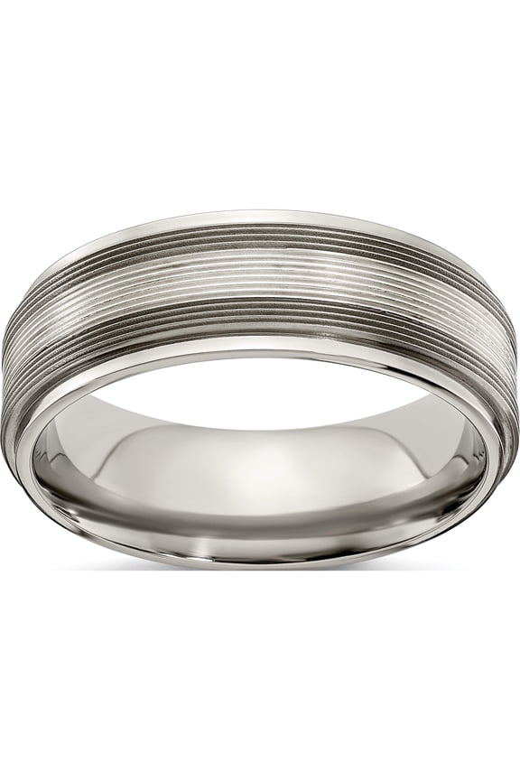 Titanium/Silver Two-Tone Edward Mirell Titanium With Sterling Silver Textured Line Step Edge 7.5mm Band (Size 9) Made In United States emr181-9