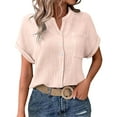 thumbnail image 2 of TODOZO Short Sleeve Cotton Collared V Neck Tops Shirts Button Down Shirts for Women Womens Blouses Casual Tops Batwing Sleeve Pocket Patched Shirt Casual Work T Shirts Double Layer Wrinkled Fabric, 2 of 6