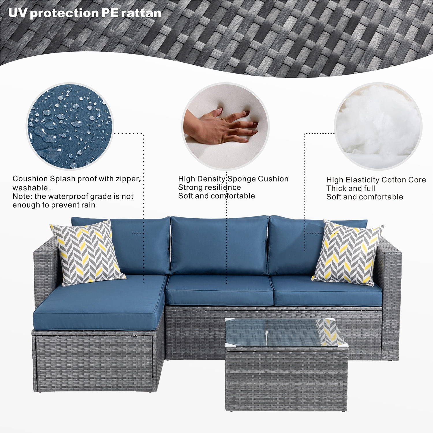 Walsunny 3 Piece Aegean Blue Outdoor Furniture Sectional Sofa Patio Set Silver Gray Rattan Wicker