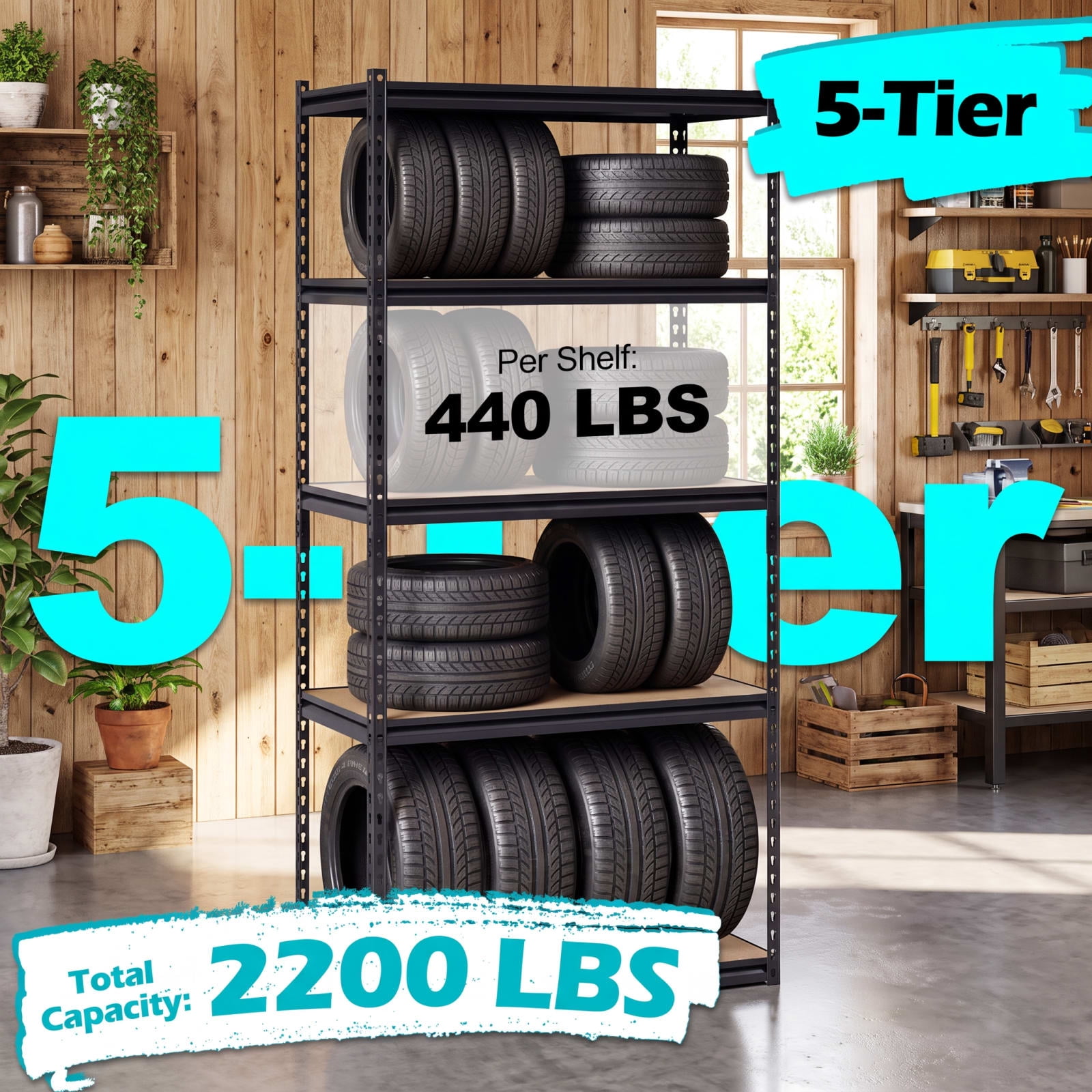 Biotree 5-Tier Metal Shelving Unit 2200 lbs Capacity with Adjustable Shelves 36" × 18" × 72" for Garage Warehouse, Black