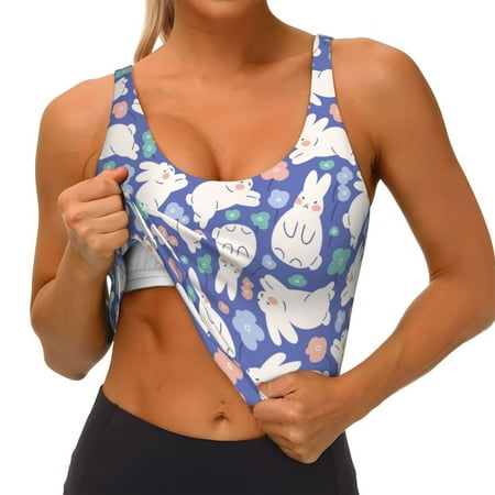Qokaie Cute White Rabbit Pattern Womens Scoop Neck Sports Bra Breathable Workout Vest Padded U Back Medium Impact Fitness Gym Yoga Bra Workout Crop Top