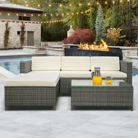 Sunvivi 5 Piece Outdoor Patio Conversation Furniture Sets with Glass Coffee Table and Ottomans All Weather Grey PE Rattan Wicker Cushioned Sectional Patio Sofa Chair Sets Cream White