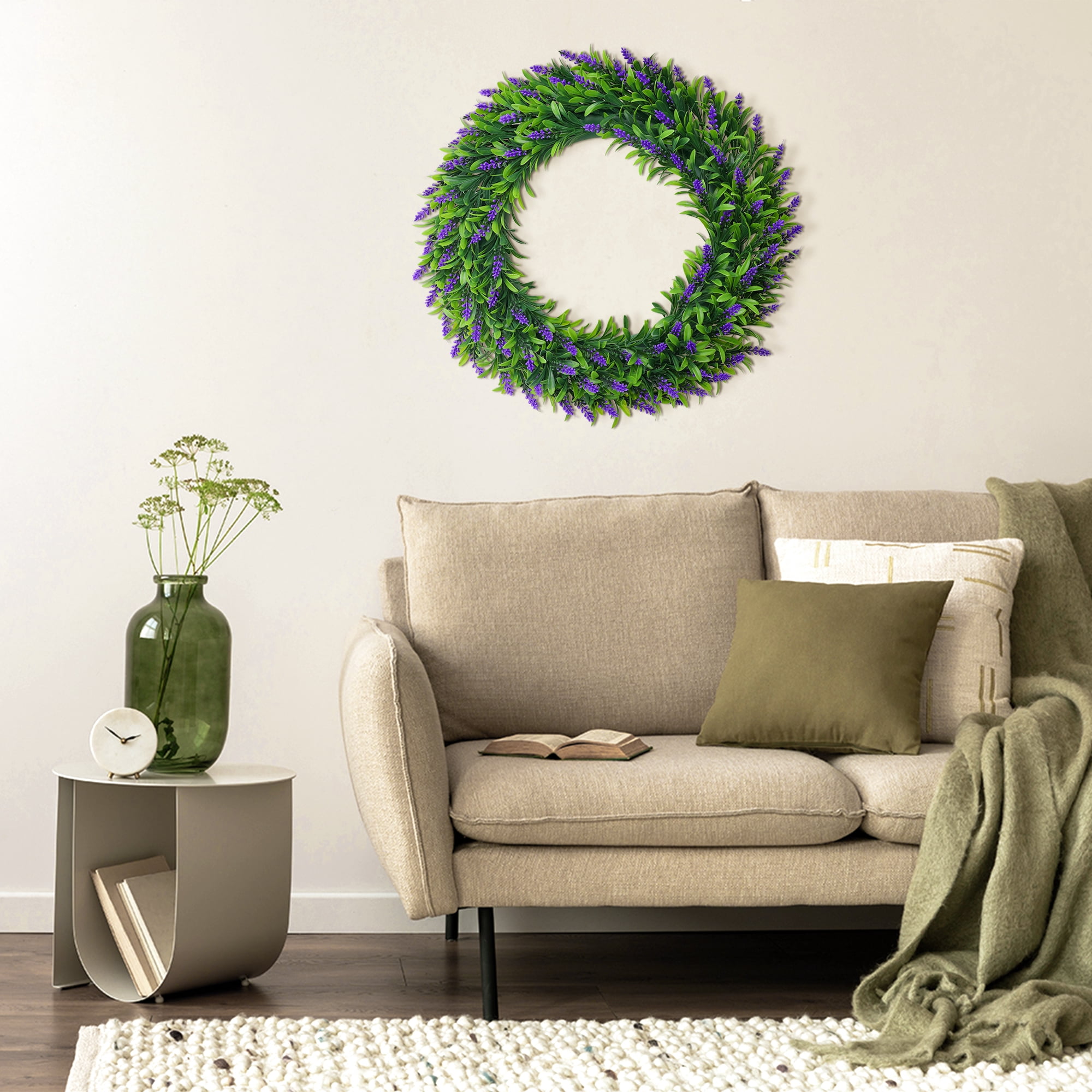 Unique Bargains Lavender Wreath for Front Door Artificial Wreaths Plastic Green Leaves