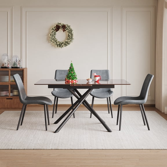 59" Expandable Dining Table Set (4-8 Seats), Black Sandblasted Glass Top, X-Base, 4 Gray Ergonomic Chairs, for Small Spaces, Kitchen, Apartment