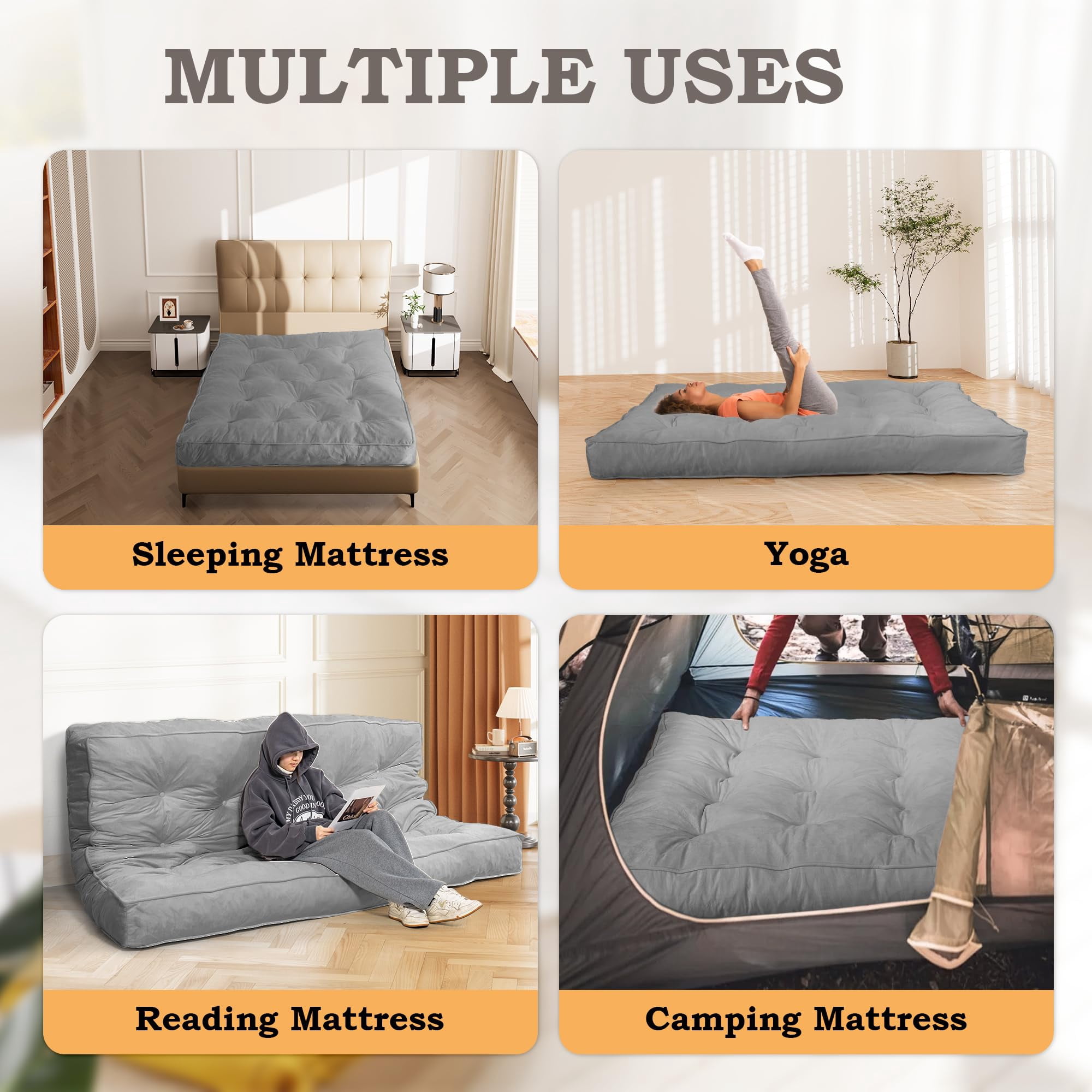 8-inch Futon Mattress Queen Size, Thick Futon Sofa Couch Bed Foldable Floor Sleeping Pad for Adults, Portable Floor Bed Mattress, Velvet Tatami Mat (Frame Not Included), Light Grey