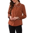 thumbnail image 4 of Camisa de trabajo de botón con cuello Peter Pan y volantes de Allegra K para mujer, tamaño XS, color rojo ladrillo, 4 of 6