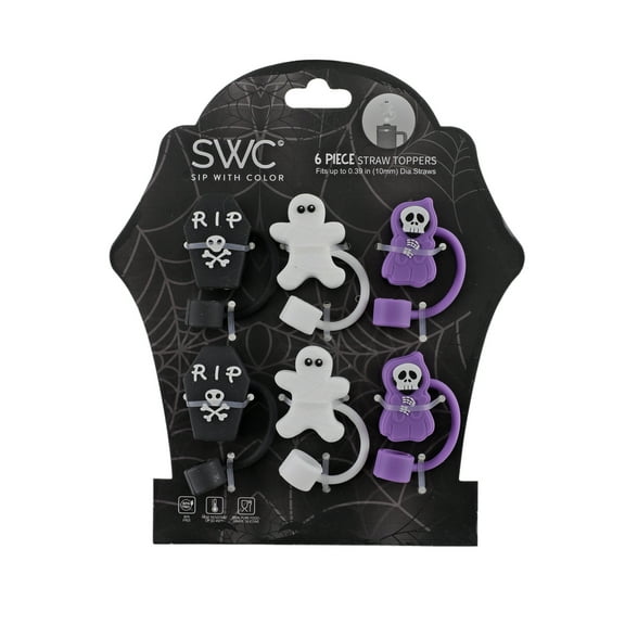 Cook With Color 6-Piece Halloween Straw Toppers – Multicolor Coffin & Ghost Shapes, Dishwasher Safe