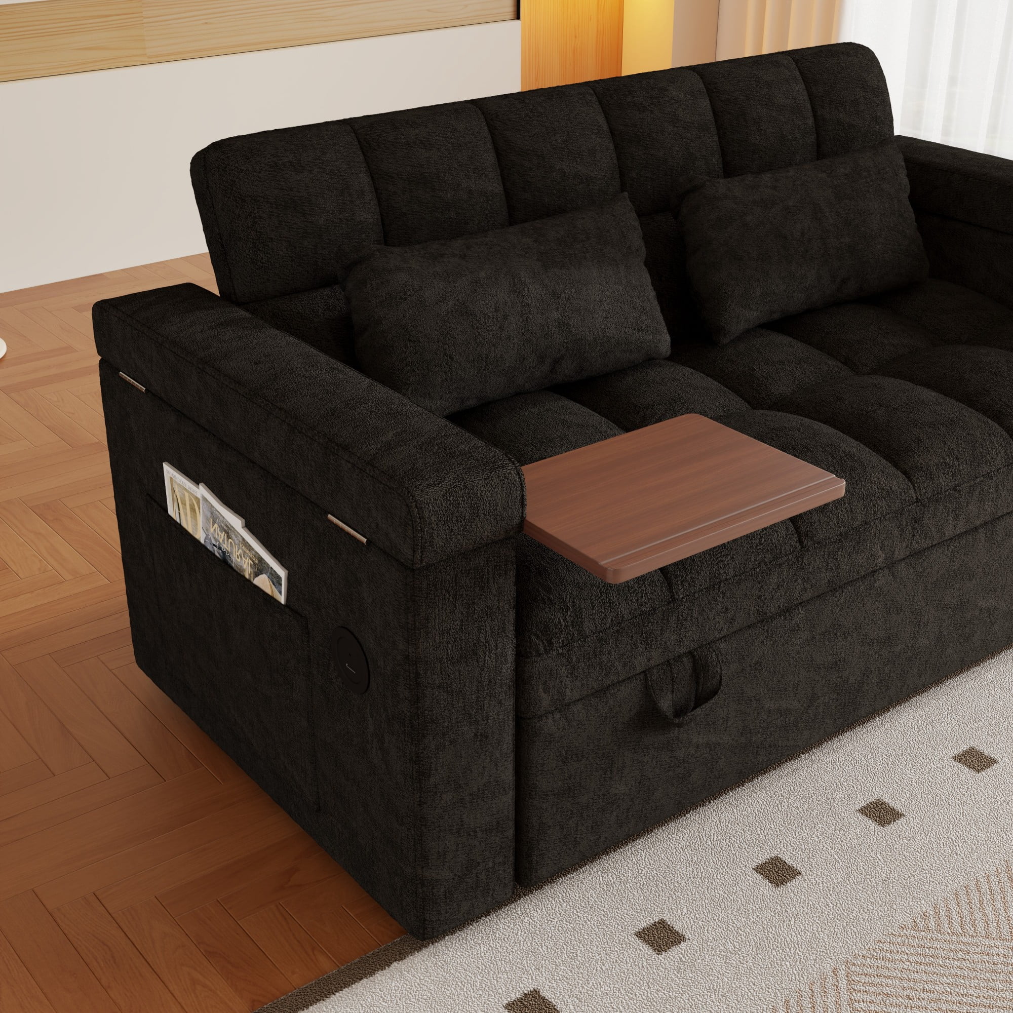 DEALTOPS 65" Chenille 3-in-1 Pull Out Sleeper Sofa Bed, Loveseat Couch with Tray Table & USB, Black