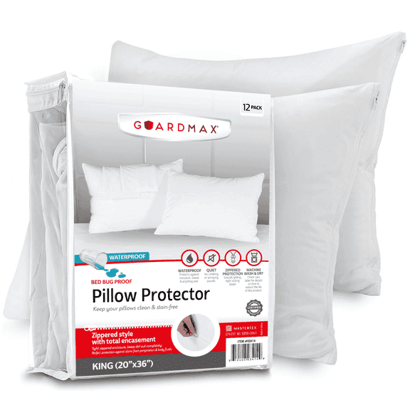Guardmax Jersey Knitted Pillow Protector with Zipper King Size - 12 Pack - 100% Waterproof, Bed Bug Proof, Dust Mite Proof, & Hypoallergenic Pillow Covers - Premium Zippered Pillow Cases. (20 X 36)