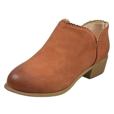 

XINSHIDE Ladies Boots Fashion Solid Color Leather Lace Ankle Boots Pointed Toe Thick Heel Short Boots Shoes For Women