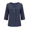 thumbnail image 4 of lcziwo Summer Cotton Linen Shirts for Grils 2025 Casual 3/4 Sleeve Tunic Shirt Solid Color Button V Neck Going Out Tops Navy Ofertas de Hoy en Liquidación, 4 of 6