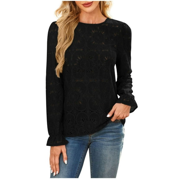 Scyoekwg Women Long Sleeve Tops Crew Neck Hollow Out Shirts Fall Tops Trendy Solid Color Dressy Casual Blouses Lightweight Women Blouses Pullover (Black,M)