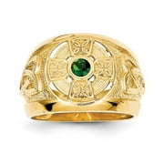 14k Yellow Gold Mens Celtic Cross with Emerald Green Synthetic Stone Center Ring