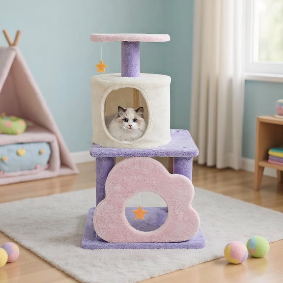 Yardi Yarda 31.5" Cute Modern Cat Tower Multi-Level Kitten Tree, Corner Cat Tree, Cat Climbing Tower, Cat Towers for Indoor Cats-Purple