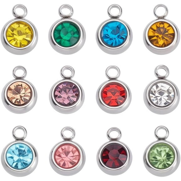 72Pcs 12 Colors Stainless Steel Rhinestone Charms Flat Round Birthstone Necklace Pendant with Rings Round Beads