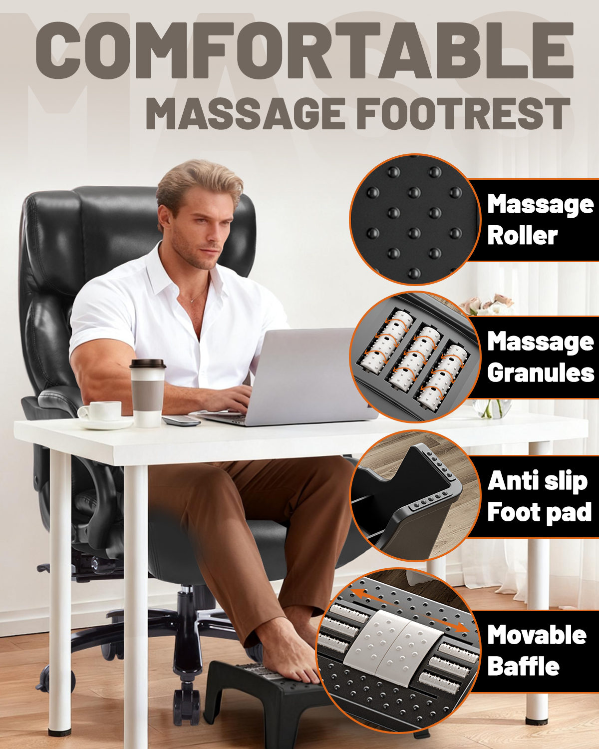 800LBS Large Heavy Duty Office Chair with Massage Footrest, Big and Tall Office Chair with Adjustable Lumbar Support, PU Leather Executive Chair with Extra Wide Seat