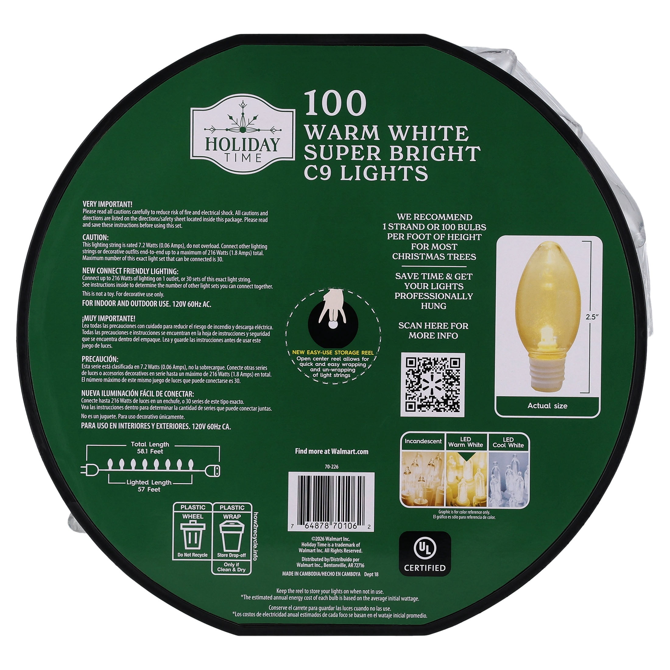 Indoor/Outdoor 100-Count LED Smooth C9 Christmas String Lights, Warm White, White Wire, 57', by Holiday Time