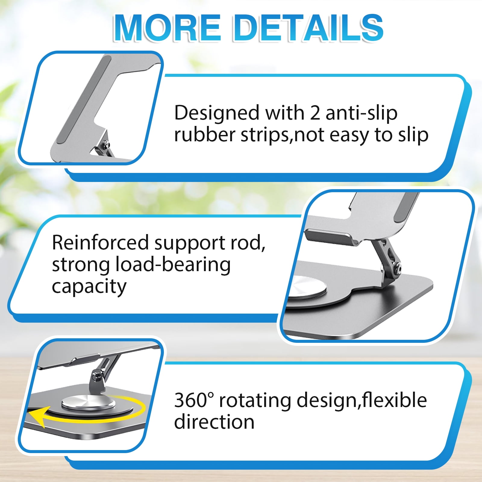 ZYNERY 360° Rotating Laptop Stand  for Desk，Foldable & Portable Carbon Steel Notebook Mount, Computer Holder for 8-17.3 inch Laptops,with Anti-Slip Base, Gray