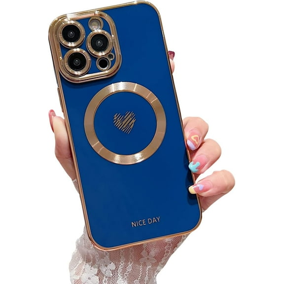 iPhone 14 Pro Max Magnetic Case, Compatible with MagSafe, Luxury Plating Cute Love Heart Bling Phone Case for Women Girls, Soft TPU Full Camera Shockproof Protective Case (Blue)