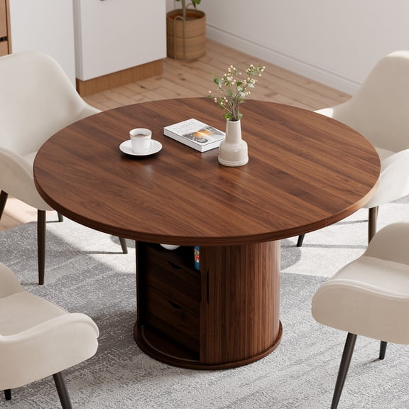 JULY'S SONG 47" Round Dining Table for 4, Circle Kitchen Table with Hidden Storage & Sliding Door, Dinner Table, Modern Farmhouse Dining Room Table for Kitchen Living Room ,Walnut