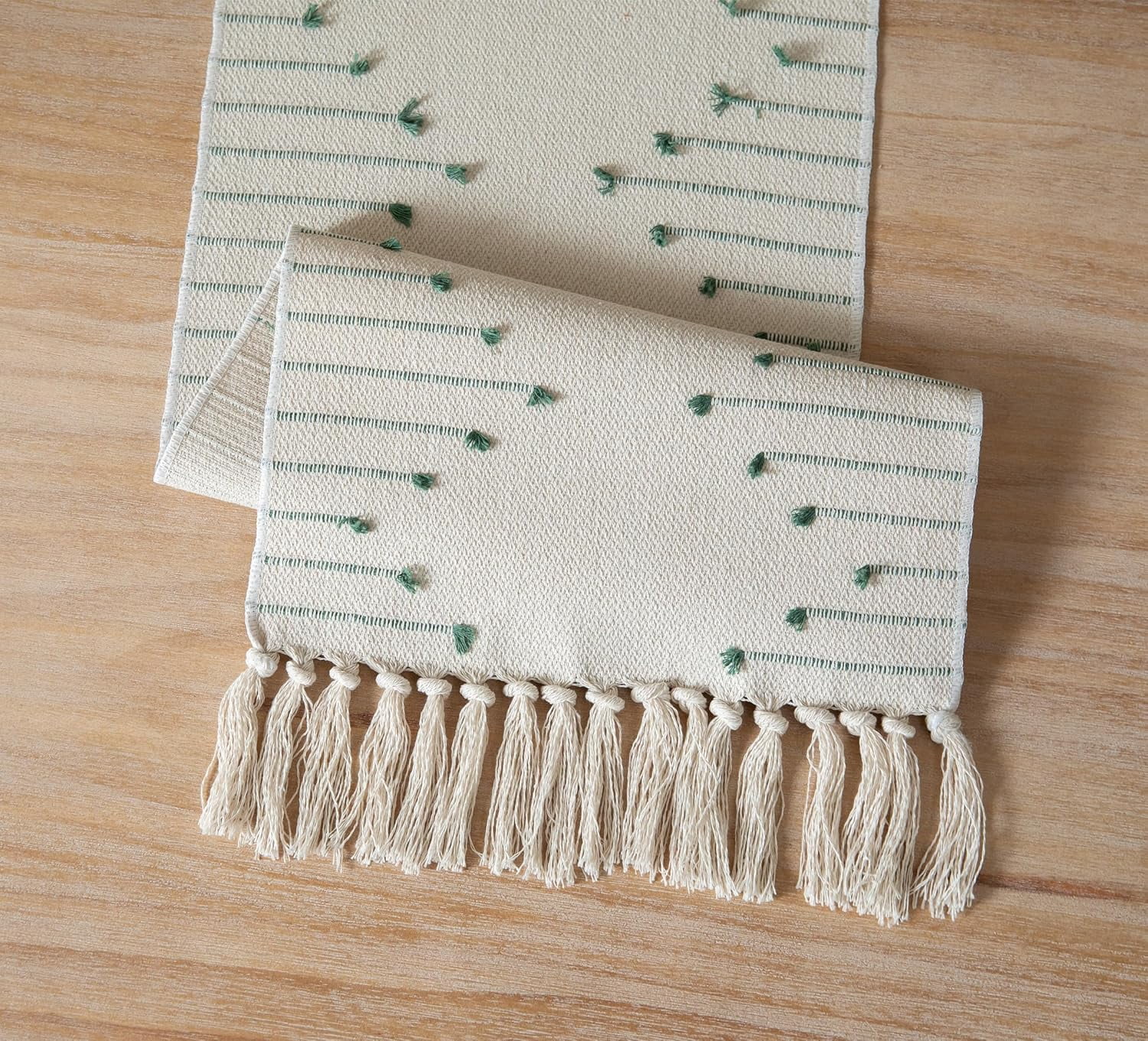 Boho Table Runner 13 x 90 Inch Long Natural Cotton Woven Runner with Tassels for Home Dining Table décor, for Modern Farmhouse Decor Coffee Table Runner, Taupe and Beige