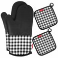 thumbnail image 1 of Guantes de silicona resistentes al calor Tomfoto para horno + 2 agarraderas de algodón para cocinar, hornear, asar y hacer barbacoas (cuadros negros), 1 of 7