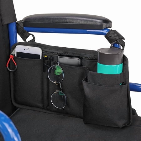 Meilimei Wheelchair Side Bag with Cup Holder, Walker Caddy Accessories with Multiple Pockets, Universal Storage Pouch for Rollator, Electric Scooter, Seniors Mobility Aid, Black