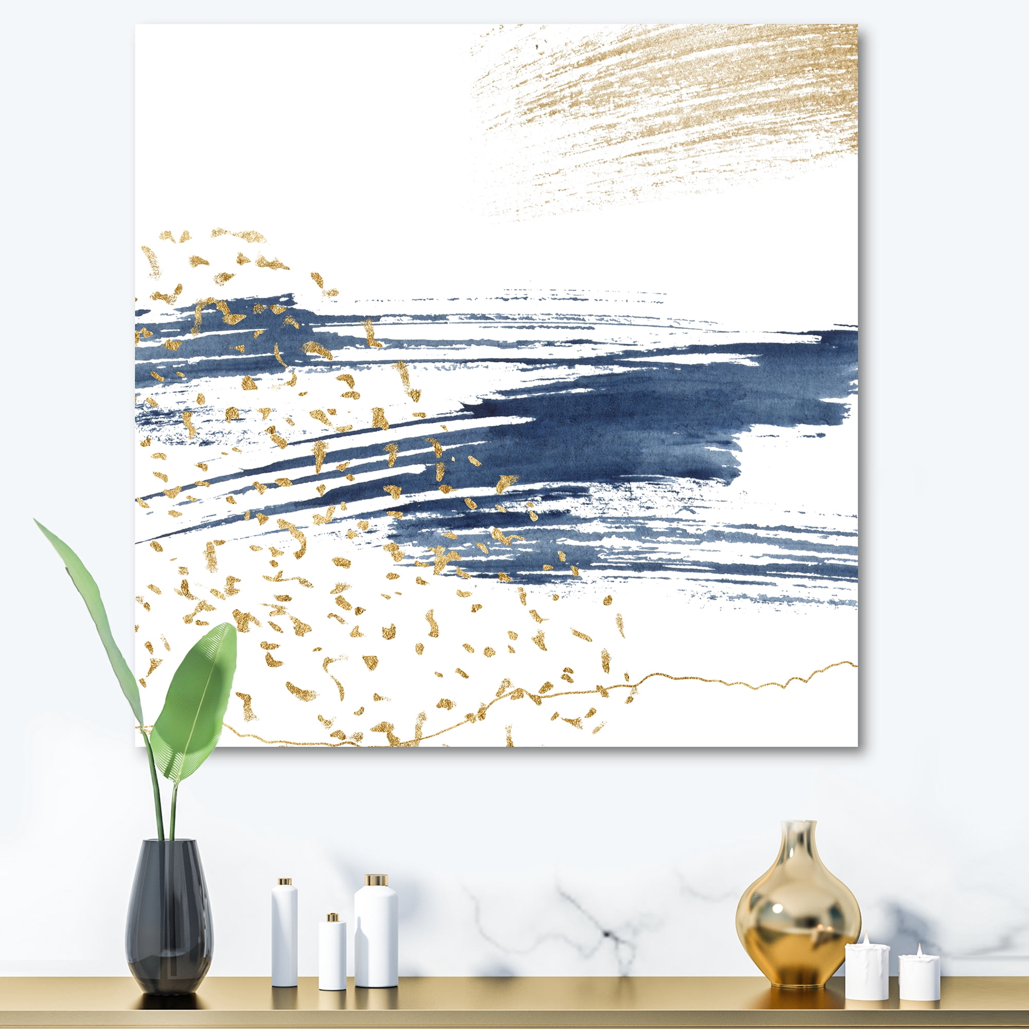 Designart ' Gold and Dark Blue and Abstract I ' Modern Canvas Wall Art Print