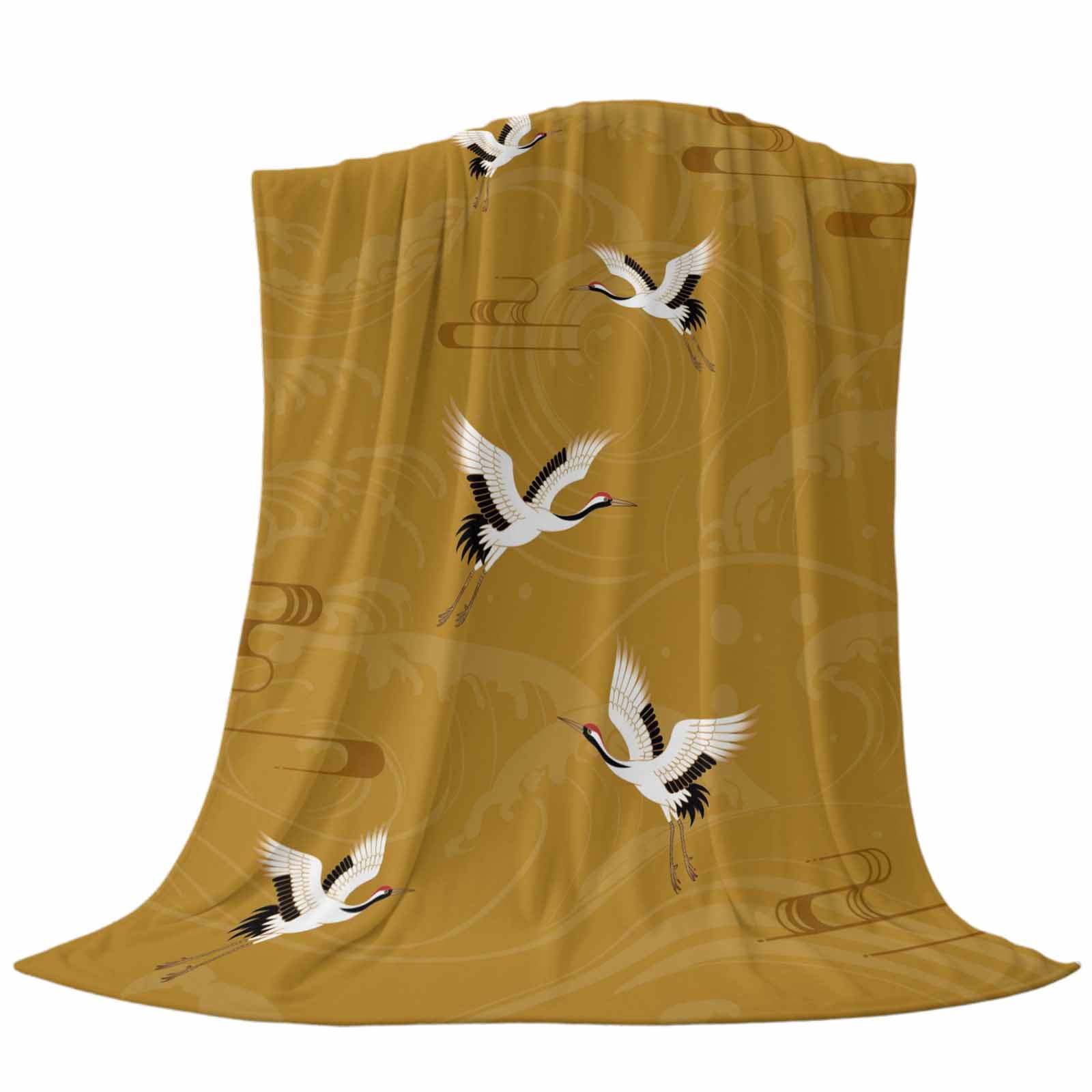 Japanese Style Blanket Soft Cozy Warm Throw Blanket for Couch, Plush Fuzzy Flannel Fleece Blankets for Sofa, Vintage Art Cranes Ocean Wave Yellow Bed Blankets Lightweight Gifts for Women, 50"x80"