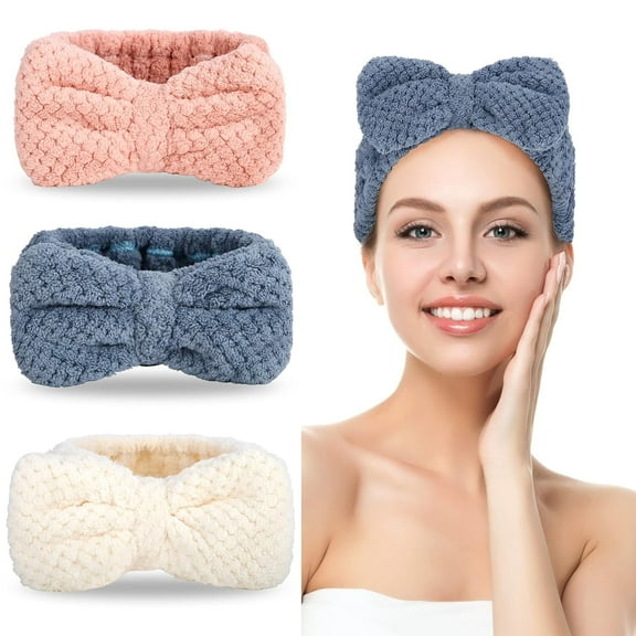 3 Pack Spa Headbands Microfiber Bowtie Headbands for Women for Washing Face, White, Gray