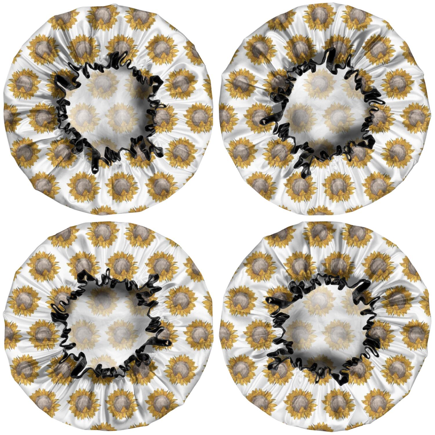 Shower Caps,White Sunflower Pattern Waterproof Shower Cap for Women 4 Pieces,Double Reusable Hair Cover for Shower PEVA Elastic Stretch Hem