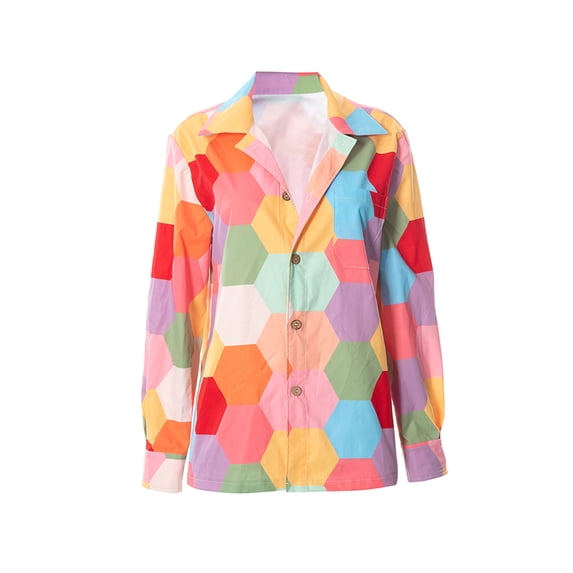Seyurigaoka Women Juniors Fashion Geometry Stitching Print Lapel Long Sleeve Shirt