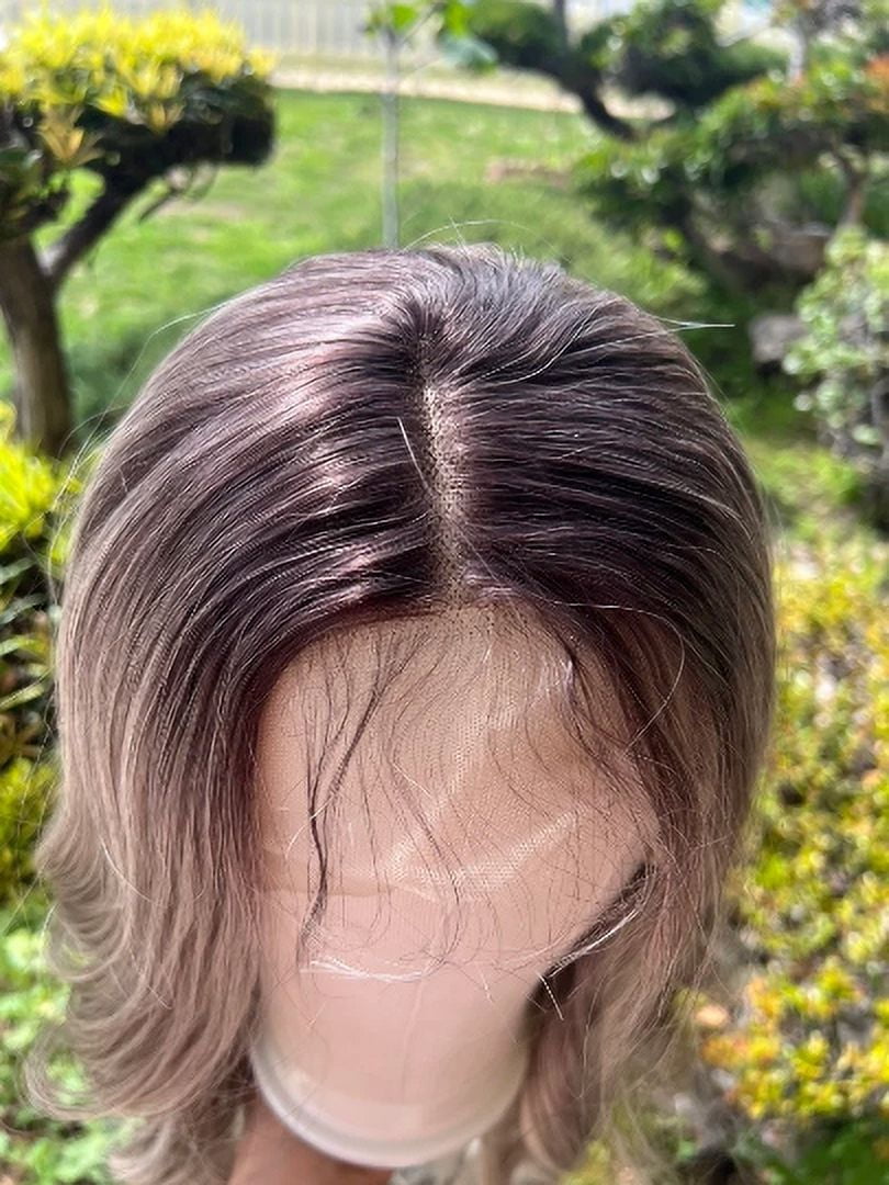 Ash Blonde Wig with Bangs Long Wavy Ombre Brown to Blonde Wig