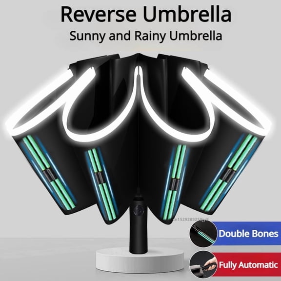 Automatic Reverse Folding Umbrella, Double Bone Rain Umbrella with Reflective Stripe Design for Outdoor Travel and Commuting