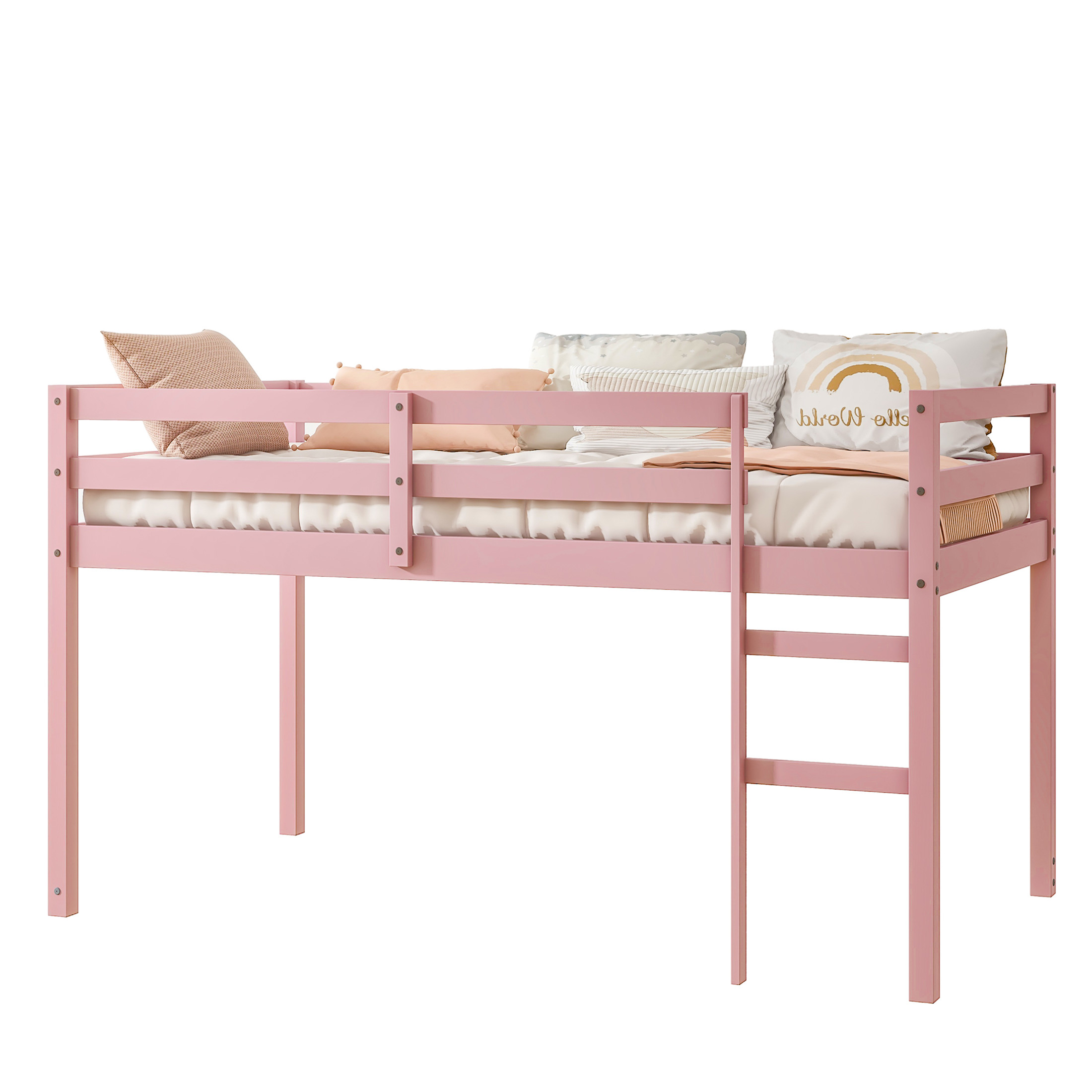 Noble House Modern Tilda Twin Loft Bed, Solid Rubber Wood Frame with Ladder, Spacious Under for Kids, Pink