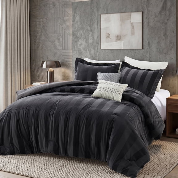 Regency Heights Queen Size Velvet Striped Comforter Set, 5-Piece Luxury Comforter Bed Set for All Seasons, Black Cozy Bedding Sets with Decor Pillows