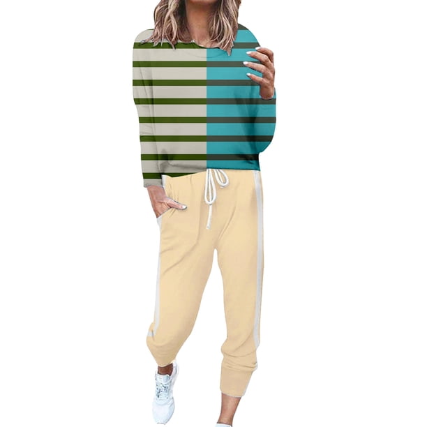 Gibobby Conjunto de sudadera para mujer Conjunto de pantalones casuales con cordones de manga larga y cuello redondo a color block a la moda para mujer(Verde,XL)