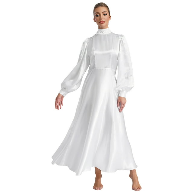 Yeahdor Robe de Pasteur d'Église pour Femmes Robe Longue Manches Bouffantes en Satin Robe Évasée Danse Liturgique Blanche L