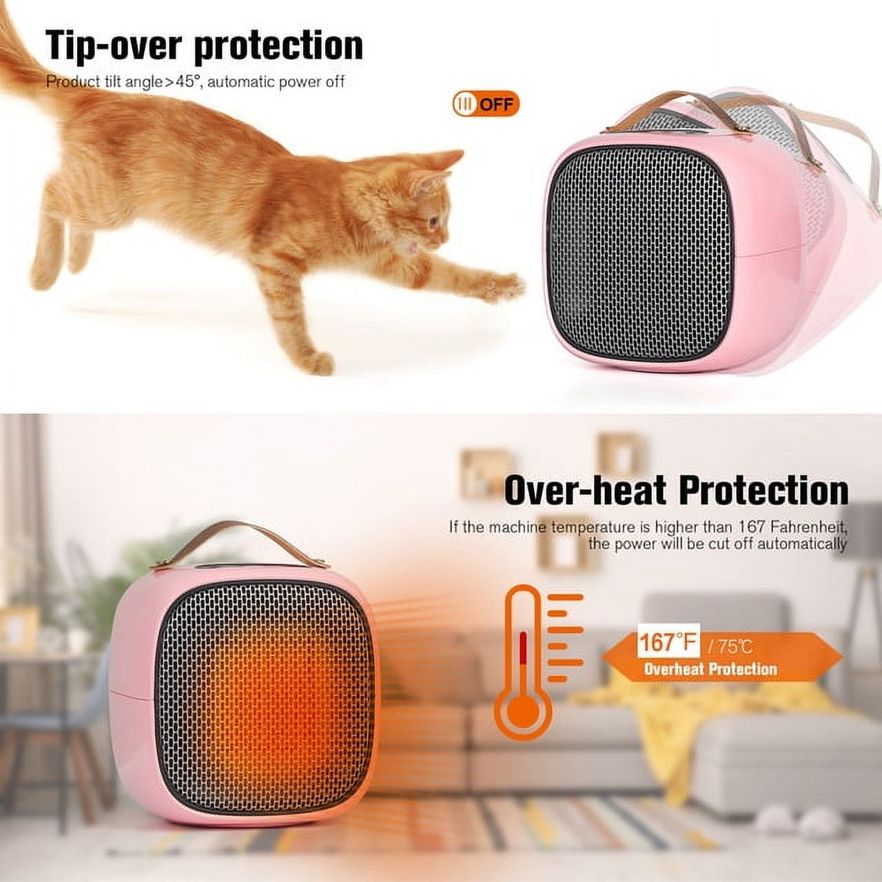 2-Set Electric Ceramic Space Heater with Thermostat, Cute Pink