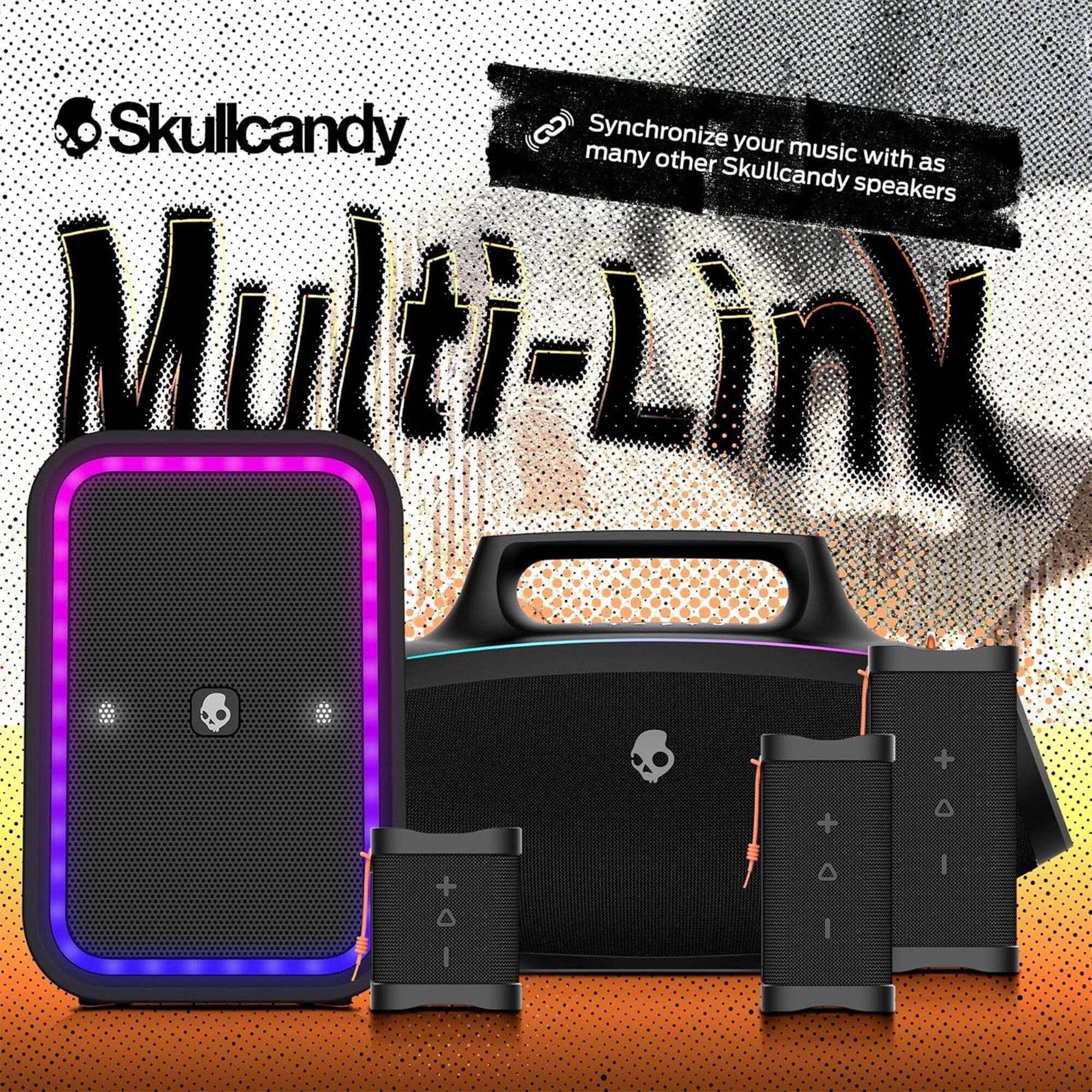 Skullcandy Barrel Bluetooth Boombox Party Speaker, Water-Resistant Portable Speaker, LED Lightshow Mode, 12 Hour Battery, Multi-Link