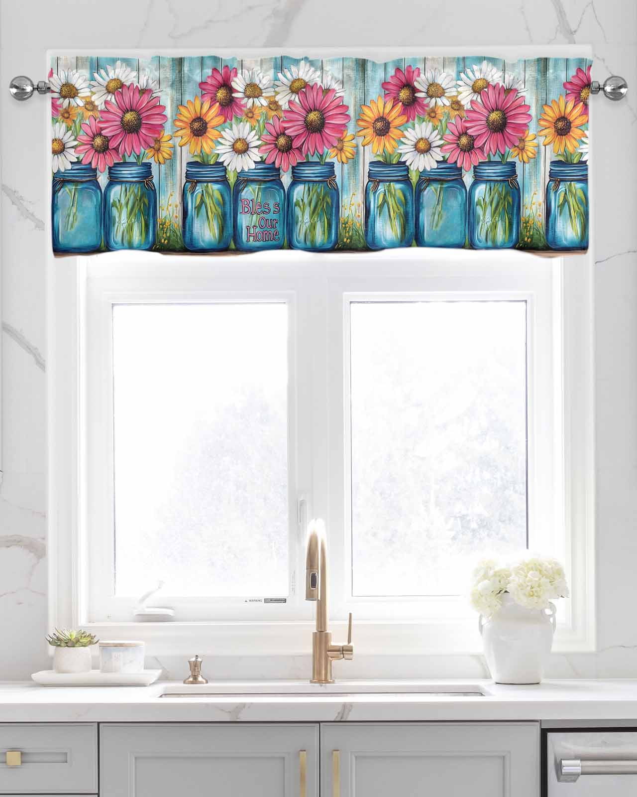 Red White Daisy Kitchen Valances for Windows Farmhouse Linen Window Valance Curtain for Living Room Window Treatment Vintage Bottle Teal Wooden Grain Valance Rod Pocket Topper Drape, 60 x 18 Inch