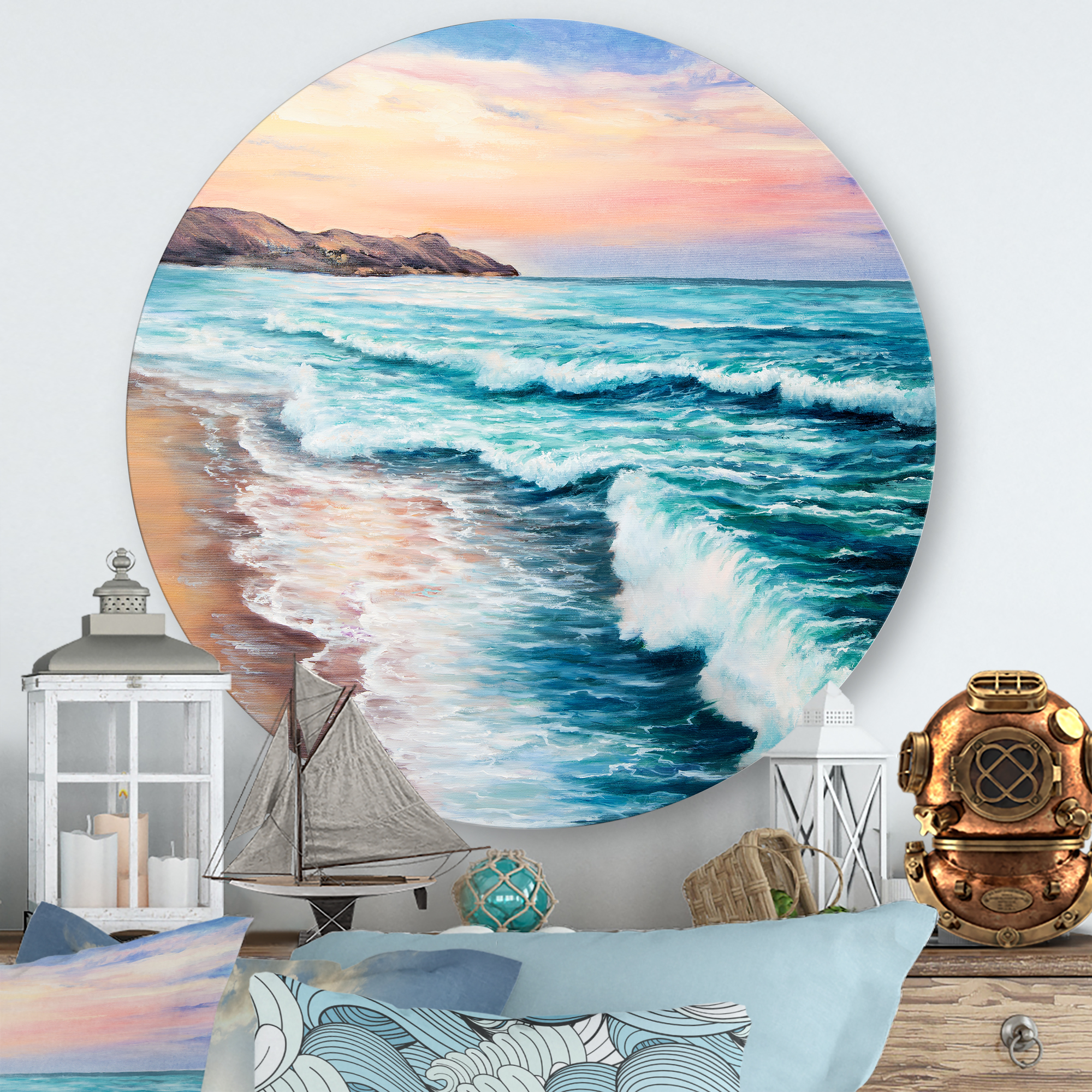 Designart 'Sunrise Glow On The Ocean Waves III' Nautical & Coastal Circle Metal Wall Art 23x23 - Disc of 23