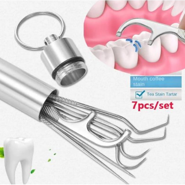 Juego de bolsillo de palillos de dientes de acero inoxidable portátil de 7 piezas, kit de limpieza de palillos de dientes de metal reutilizables con soporte compatible con picnic al aire lib